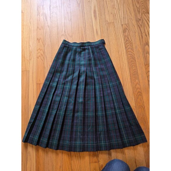 Vintage JG Hook Green & Navy Tartan Plaid Wool Pleated Skirt Petite 6 - Picture 3 of 7